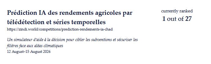 Zindi certificate: Zoom387 currently ranked 1 out of 27 in the Chad crop yield prediction challenge